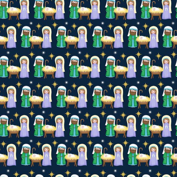 navy blue, dark blue, cartoon style, nativity scene, mary, joseph, baby jesus, manger, shepherd, stars, gold stars, white stars, christmas theme, religious motif,, fabric panel, repeating pattern, purple robes, green robes, biblical characters, holiday fabric
