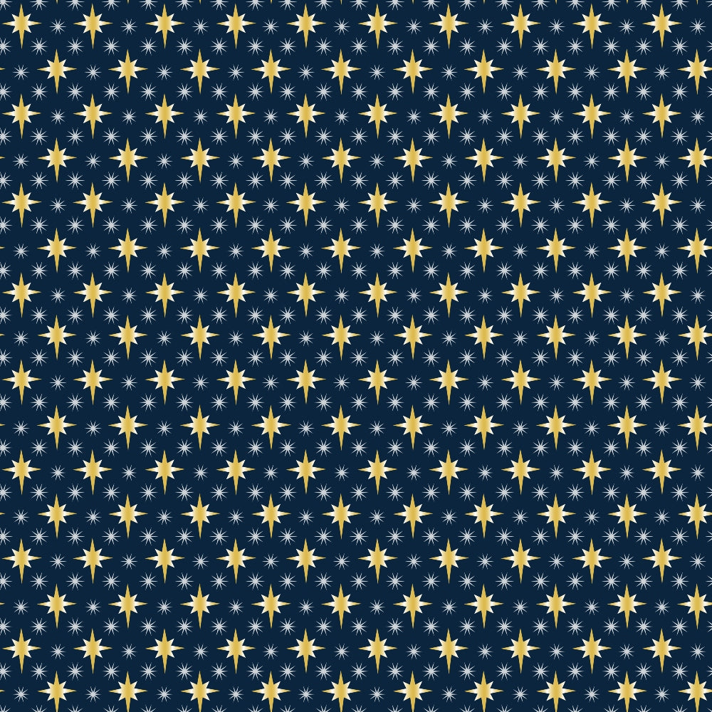 navy blue, golden yellow, white, star pattern, celestial design, night sky, sparkle stars, geometric arrangement, repeating pattern,, fabric panel, christmas themed, nativity inspired, starry night, holiday fabric, cotton material, festive design, winter colors, coordinating fabric