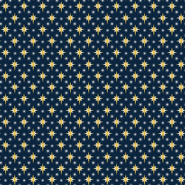 navy blue, golden yellow, white, star pattern, celestial design, night sky, sparkle stars, geometric arrangement, repeating pattern,, fabric panel, christmas themed, nativity inspired, starry night, holiday fabric, cotton material, festive design, winter colors, coordinating fabric