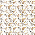 christmas nativity, cartoon animals, donkey, cow, sheep, star of bethlehem, brown, beige, cream, white, gold stars,, fabric panel, repeating pattern, cute characters, holiday theme, religious motif, farm animals, whimsical style, festive design