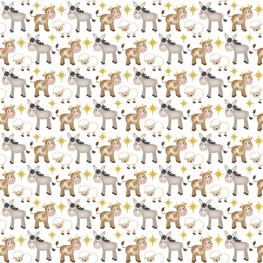 christmas nativity, cartoon animals, donkey, cow, sheep, star of bethlehem, brown, beige, cream, white, gold stars,, fabric panel, repeating pattern, cute characters, holiday theme, religious motif, farm animals, whimsical style, festive design