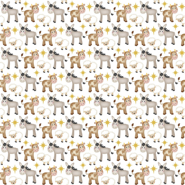 christmas nativity, cartoon animals, donkey, cow, sheep, star of bethlehem, brown, beige, cream, white, gold stars,, fabric panel, repeating pattern, cute characters, holiday theme, religious motif, farm animals, whimsical style, festive design