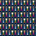 three wise men, nativity scene, cartoon style, christmas theme, royal blue background, purple robes, green robes, white robes, golden crowns, red turbans, biblical characters, repeating pattern,, fabric panel, holiday fabric, winter theme, religious motifs, white stars, gift giving, magi figures