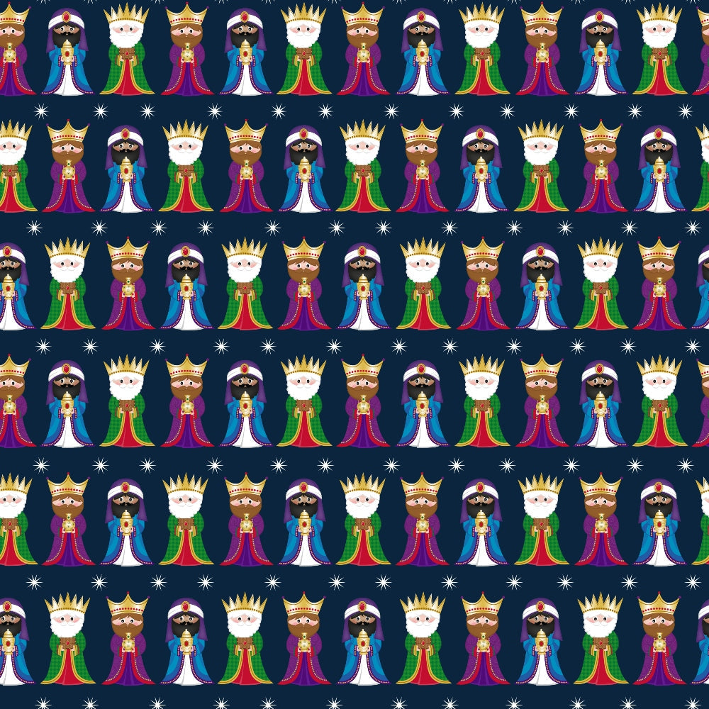 three wise men, nativity scene, cartoon style, christmas theme, royal blue background, purple robes, green robes, white robes, golden crowns, red turbans, biblical characters, repeating pattern,, fabric panel, holiday fabric, winter theme, religious motifs, white stars, gift giving, magi figures