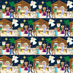 cartoon nativity, christmas scene, holy family, three wise men, magi, shepherds, angel, baby jesus, mary joseph, stable manger, palm tree, star of bethlehem, sheep, donkey,, fabric panel, navy blue background, repeating pattern, religious theme, holiday fabric, bright colors, whimsical style, children's illustration