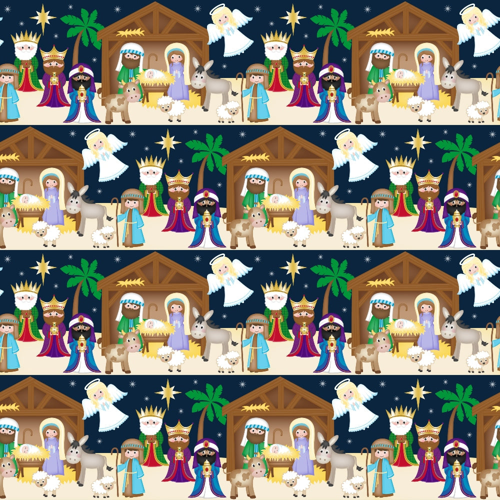 cartoon nativity, christmas scene, holy family, three wise men, magi, shepherds, angel, baby jesus, mary joseph, stable manger, palm tree, star of bethlehem, sheep, donkey,, fabric panel, navy blue background, repeating pattern, religious theme, holiday fabric, bright colors, whimsical style, children's illustration