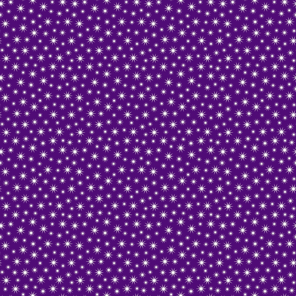 purple background, cream stars, yellow stars, star pattern, scattered stars,, fabric panel, christmas fabric, holiday theme, celestial design, starry night, purple textile, cotton fabric, festive pattern, geometric stars, repeating pattern, crafting material