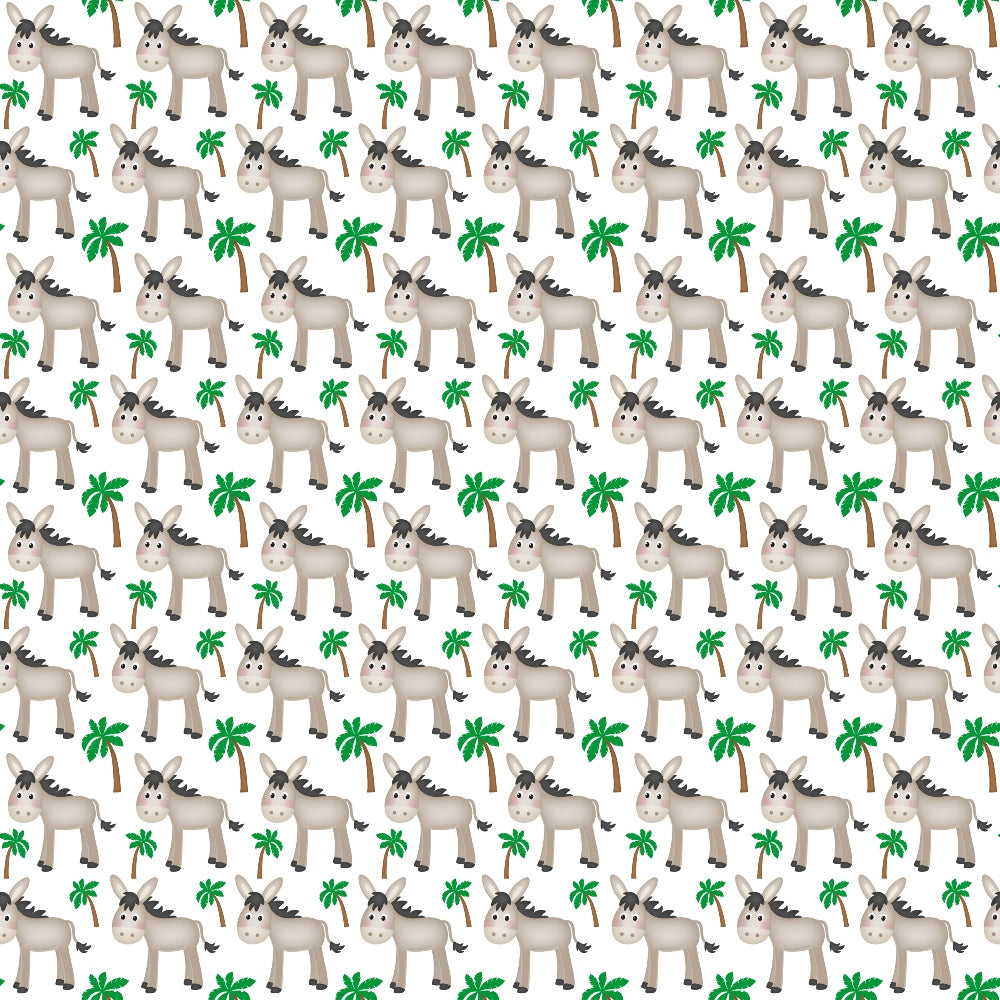 christmas nativity, cartoon donkeys, palm trees, beige donkeys, green palms, brown tree trunks, white background, repeating pattern,, fabric panel, biblical animals, cute cartoon style, holiday theme, nativity scene, tropical elements, seamless design, cotton fabric, christmas crafting, religious motif, festive pattern
