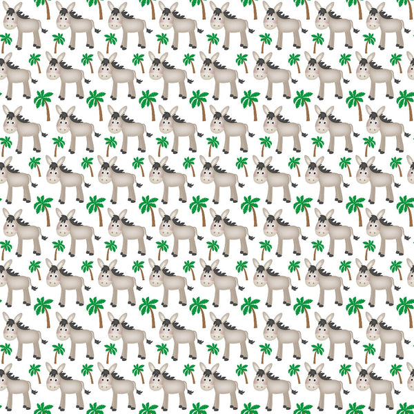 christmas nativity, cartoon donkeys, palm trees, beige donkeys, green palms, brown tree trunks, white background, repeating pattern,, fabric panel, biblical animals, cute cartoon style, holiday theme, nativity scene, tropical elements, seamless design, cotton fabric, christmas crafting, religious motif, festive pattern