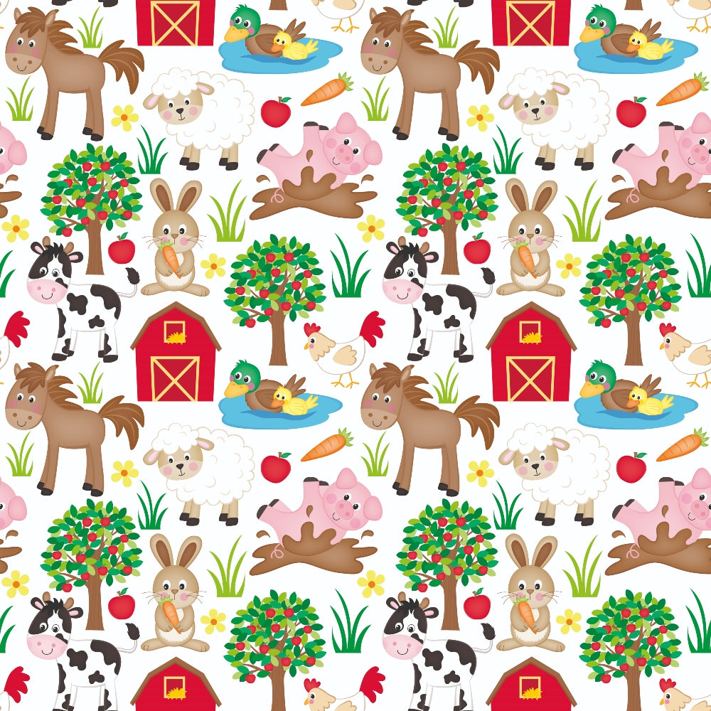 cartoon farm animals,, fabric panel, bright colors, red barn, brown horse, pink pig, white sheep, black cow, orange carrot, apple tree, duck pond, rabbit bunny, rooster chicken, cheerful pattern, repeating design, children's fabric, whimsical style, farm theme, pastoral scene