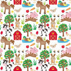 cartoon farm animals,, fabric panel, bright colors, red barn, brown horse, pink pig, white sheep, black cow, orange carrot, apple tree, duck pond, rabbit bunny, rooster chicken, cheerful pattern, repeating design, children's fabric, whimsical style, farm theme, pastoral scene