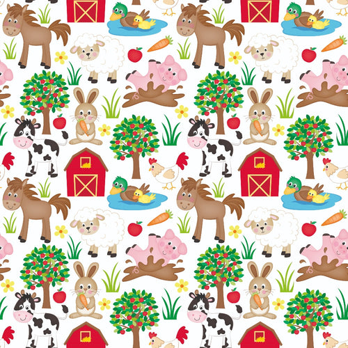 cartoon farm animals,, fabric panel, bright colors, red barn, brown horse, pink pig, white sheep, black cow, orange carrot, apple tree, duck pond, rabbit bunny, rooster chicken, cheerful pattern, repeating design, children's fabric, whimsical style, farm theme, pastoral scene
