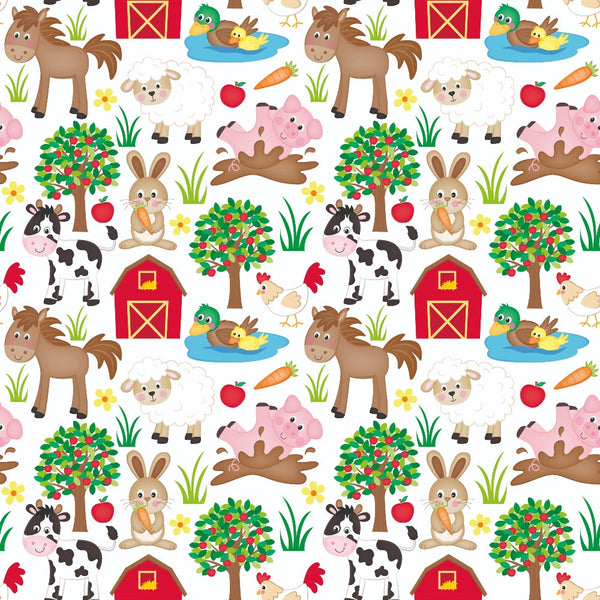 cartoon farm animals,, fabric panel, bright colors, red barn, brown horse, pink pig, white sheep, black cow, orange carrot, apple tree, duck pond, rabbit bunny, rooster chicken, cheerful pattern, repeating design, children's fabric, whimsical style, farm theme, pastoral scene
