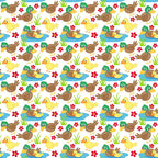ducks, ducklings, pond, water, green, yellow, brown, blue, red flowers, grass, cartoon style, farm animals, repeating pattern,, fabric panel, cute characters, swimming ducks, spring theme, cheerful design, nursery fabric
