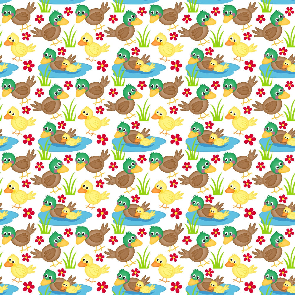 ducks, ducklings, pond, water, green, yellow, brown, blue, red flowers, grass, cartoon style, farm animals, repeating pattern,, fabric panel, cute characters, swimming ducks, spring theme, cheerful design, nursery fabric