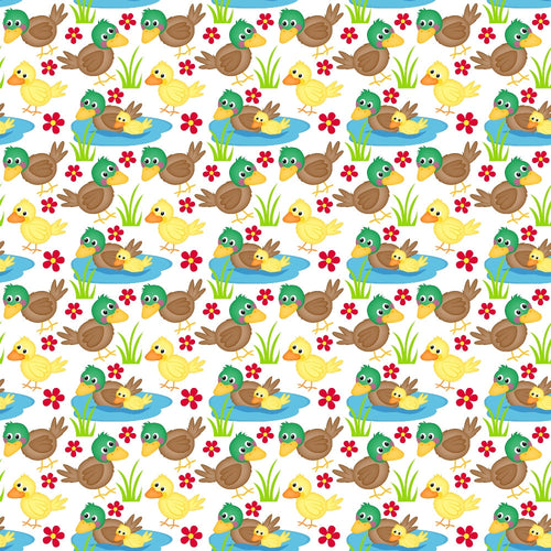 ducks, ducklings, pond, water, green, yellow, brown, blue, red flowers, grass, cartoon style, farm animals, repeating pattern,, fabric panel, cute characters, swimming ducks, spring theme, cheerful design, nursery fabric