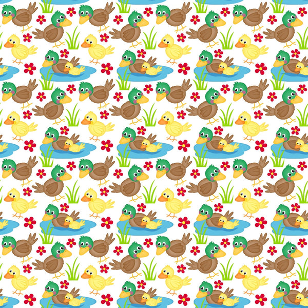 ducks, ducklings, pond, water, green, yellow, brown, blue, red flowers, grass, cartoon style, farm animals, repeating pattern,, fabric panel, cute characters, swimming ducks, spring theme, cheerful design, nursery fabric