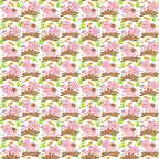 pink pigs, farm animals, cartoon style, cute characters, mud puddles, orange carrots, green grass, brown mud, white background,, fabric panel, playful design, children's fabric, repeating pattern, pastoral theme, adorable pigs, farm scene, whimsical art, cotton fabric