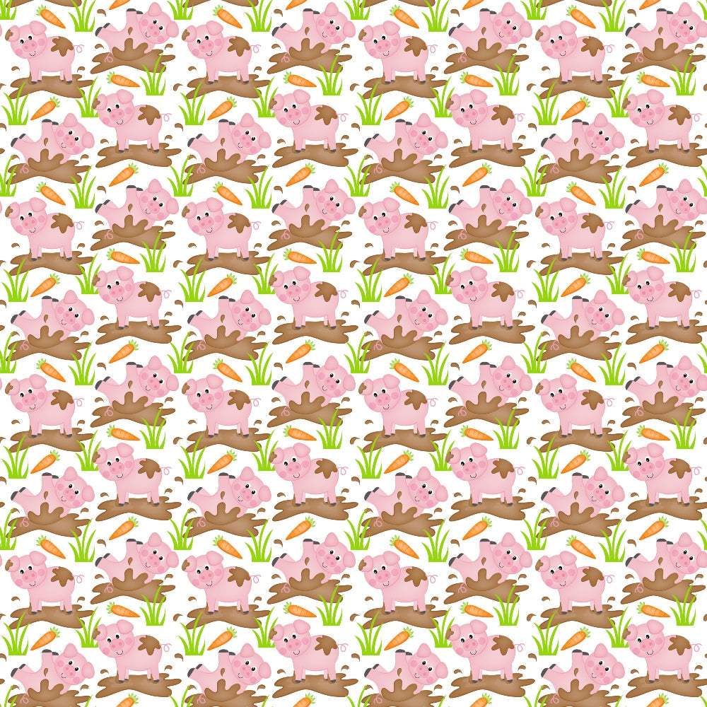 pink pigs, farm animals, cartoon style, cute characters, mud puddles, orange carrots, green grass, brown mud, white background,, fabric panel, playful design, children's fabric, repeating pattern, pastoral theme, adorable pigs, farm scene, whimsical art, cotton fabric