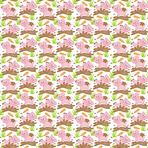 pink pigs, farm animals, cartoon style, cute characters, mud puddles, orange carrots, green grass, brown mud, white background,, fabric panel, playful design, children's fabric, repeating pattern, pastoral theme, adorable pigs, farm scene, whimsical art, cotton fabric