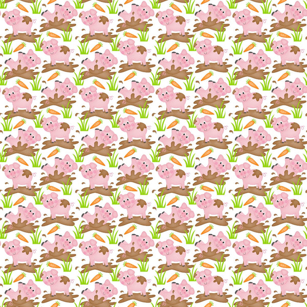 pink pigs, farm animals, cartoon style, cute characters, mud puddles, orange carrots, green grass, brown mud, white background,, fabric panel, playful design, children's fabric, repeating pattern, pastoral theme, adorable pigs, farm scene, whimsical art, cotton fabric
