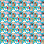turquoise background, cartoon farm animals, cute animal faces, sheep, pig, cow, horse, duck, rooster, rabbit, repeating pattern,, fabric panel, kawaii style, cheerful design, pink pig, white sheep, brown horse, children's fabric, nursery theme