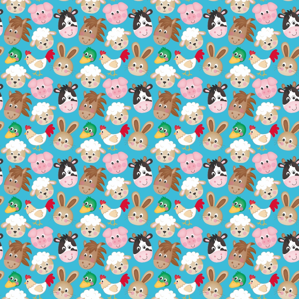 turquoise background, cartoon farm animals, cute animal faces, sheep, pig, cow, horse, duck, rooster, rabbit, repeating pattern,, fabric panel, kawaii style, cheerful design, pink pig, white sheep, brown horse, children's fabric, nursery theme