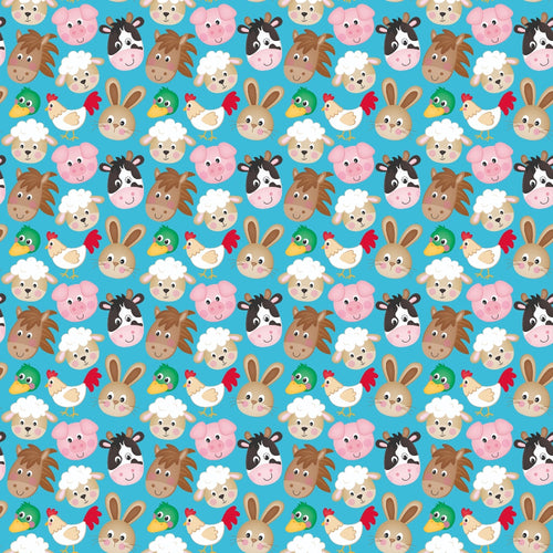 turquoise background, cartoon farm animals, cute animal faces, sheep, pig, cow, horse, duck, rooster, rabbit, repeating pattern,, fabric panel, kawaii style, cheerful design, pink pig, white sheep, brown horse, children's fabric, nursery theme