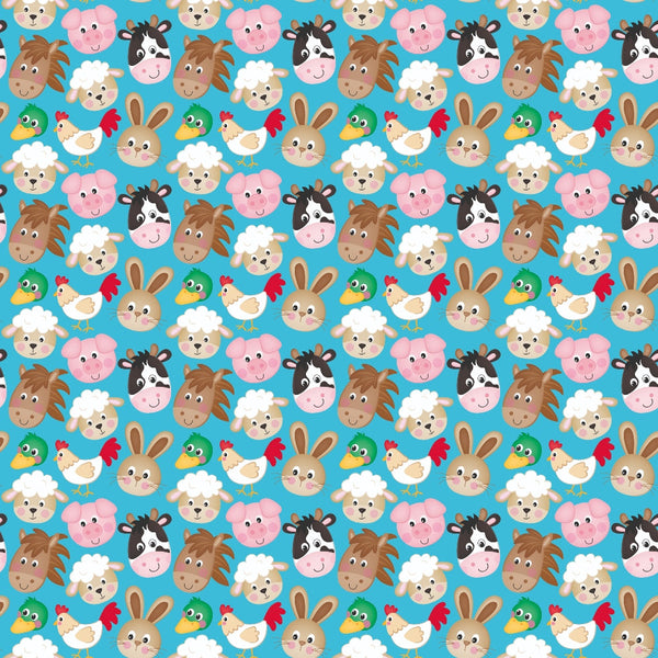 turquoise background, cartoon farm animals, cute animal faces, sheep, pig, cow, horse, duck, rooster, rabbit, repeating pattern,, fabric panel, kawaii style, cheerful design, pink pig, white sheep, brown horse, children's fabric, nursery theme