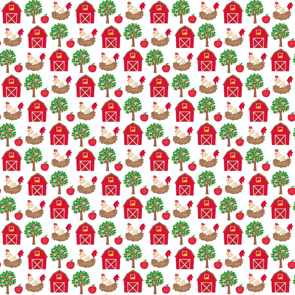 red barn, apple tree, rooster, hen, chicken nest, red apples, farm animals, cartoon style, repeating pattern,, fabric panel, barnyard theme, rural scene, red barns, green trees, brown nests, white chickens, farm motifs, agricultural design, country living
