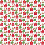 red barn, apple tree, rooster, hen, chicken nest, red apples, farm animals, cartoon style, repeating pattern,, fabric panel, barnyard theme, rural scene, red barns, green trees, brown nests, white chickens, farm motifs, agricultural design, country living