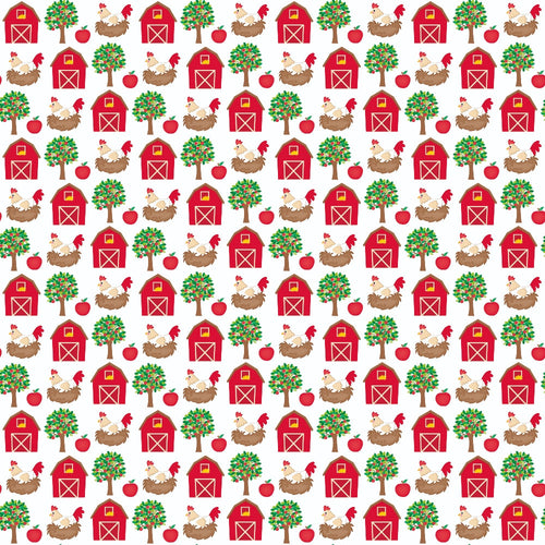 red barn, apple tree, rooster, hen, chicken nest, red apples, farm animals, cartoon style, repeating pattern,, fabric panel, barnyard theme, rural scene, red barns, green trees, brown nests, white chickens, farm motifs, agricultural design, country living