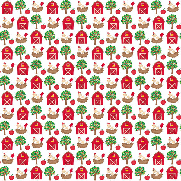 red barn, apple tree, rooster, hen, chicken nest, red apples, farm animals, cartoon style, repeating pattern,, fabric panel, barnyard theme, rural scene, red barns, green trees, brown nests, white chickens, farm motifs, agricultural design, country living