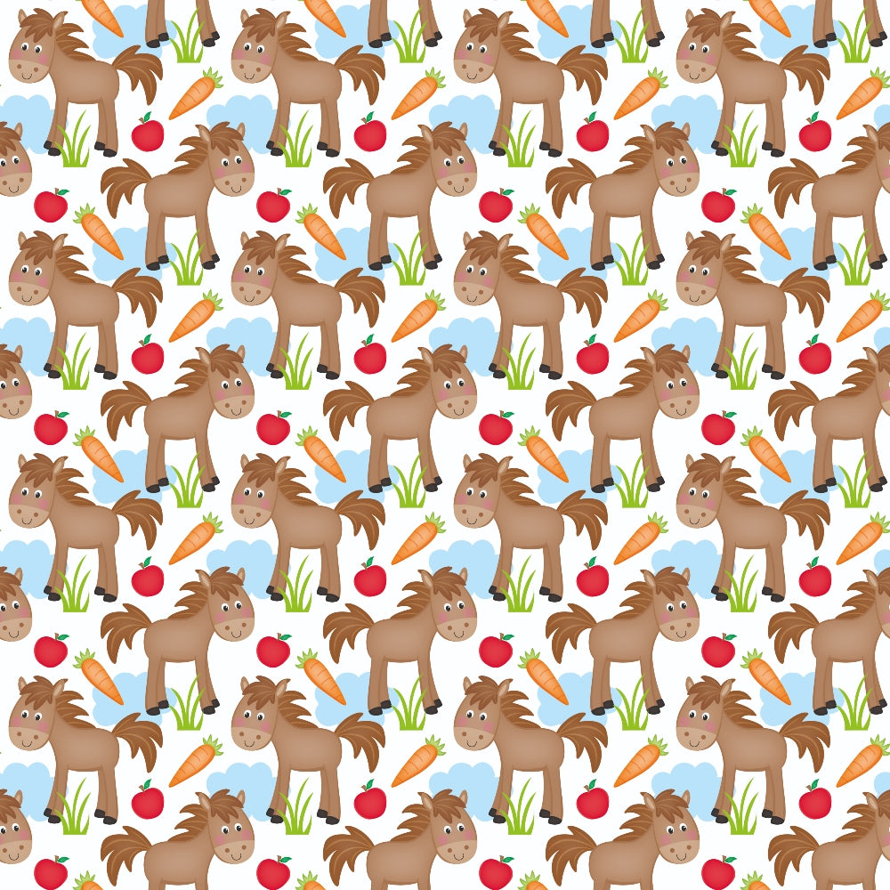 cartoon horses, brown ponies, orange carrots, red apples, green grass, blue clouds, white background, farm animals, repeating pattern,, fabric panel, cheerful design, cute animals, children's fabric, playful mood, pastoral theme, kawaii style, bright colors, seamless repeat, craft fabric