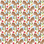 cartoon horses, brown ponies, orange carrots, red apples, green grass, blue clouds, white background, farm animals, repeating pattern,, fabric panel, cheerful design, cute animals, children's fabric, playful mood, pastoral theme, kawaii style, bright colors, seamless repeat, craft fabric