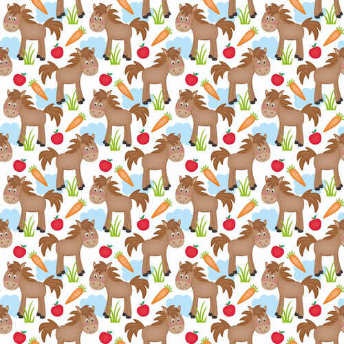 cartoon horses, brown ponies, orange carrots, red apples, green grass, blue clouds, white background, farm animals, repeating pattern,, fabric panel, cheerful design, cute animals, children's fabric, playful mood, pastoral theme, kawaii style, bright colors, seamless repeat, craft fabric