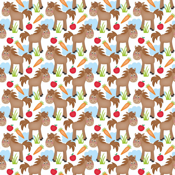 cartoon horses, brown ponies, orange carrots, red apples, green grass, blue clouds, white background, farm animals, repeating pattern,, fabric panel, cheerful design, cute animals, children's fabric, playful mood, pastoral theme, kawaii style, bright colors, seamless repeat, craft fabric
