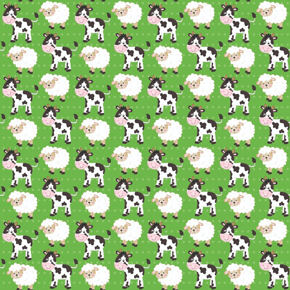 green background, cartoon cows, fluffy sheep, farm animals, cute characters, repeating pattern,, fabric panel, white sheep, black spotted cows, pastoral theme, children's fabric, bright colors, animal faces, smiling expressions, polka dots, nursery fabric, playful design, cotton fabric, craft material