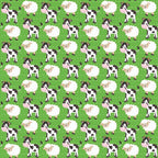 green background, cartoon cows, fluffy sheep, farm animals, cute characters, repeating pattern,, fabric panel, white sheep, black spotted cows, pastoral theme, children's fabric, bright colors, animal faces, smiling expressions, polka dots, nursery fabric, playful design, cotton fabric, craft material