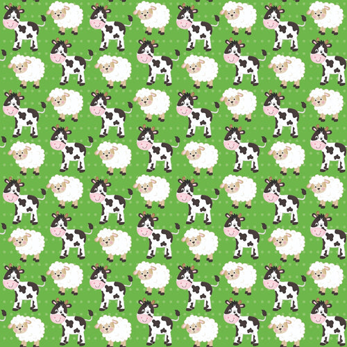 green background, cartoon cows, fluffy sheep, farm animals, cute characters, repeating pattern,, fabric panel, white sheep, black spotted cows, pastoral theme, children's fabric, bright colors, animal faces, smiling expressions, polka dots, nursery fabric, playful design, cotton fabric, craft material