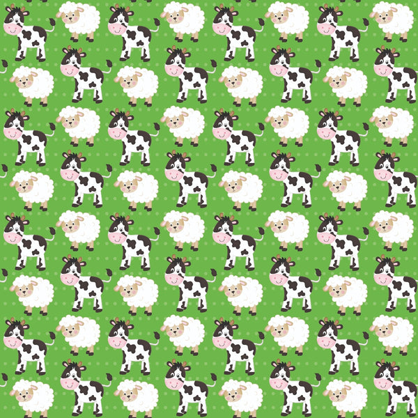 green background, cartoon cows, fluffy sheep, farm animals, cute characters, repeating pattern,, fabric panel, white sheep, black spotted cows, pastoral theme, children's fabric, bright colors, animal faces, smiling expressions, polka dots, nursery fabric, playful design, cotton fabric, craft material