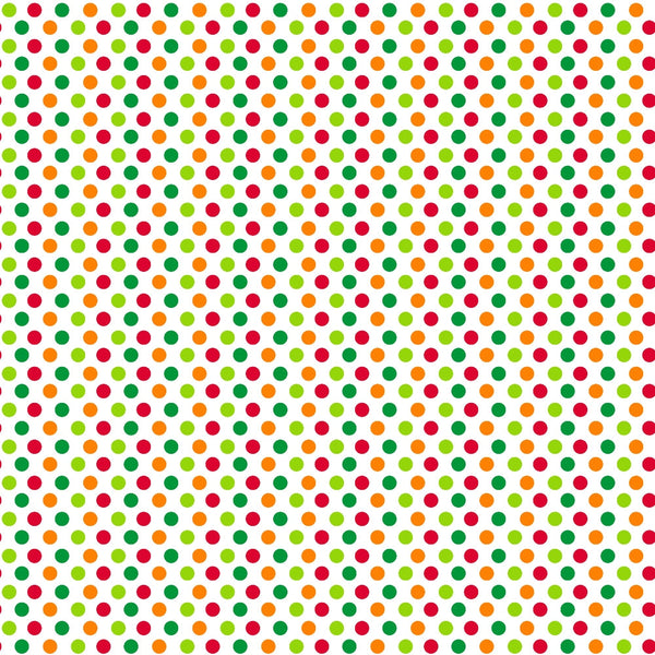 light green, red, dark green, orange, polka dots, circular pattern, geometric design, repeating pattern, bright colors, vibrant, cheerful,, fabric panel, cotton fabric, colorful dots, multi-colored, festive, playful pattern, craft fabric, sewing material