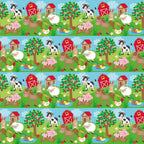 Pattern of farm scenes featuring a red barn, cow, pig, horse, duck, chicken, and a tree with apples on a green field under a blue sky with clouds.