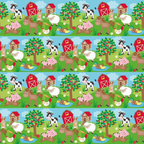 Pattern of farm scenes featuring a red barn, cow, pig, horse, duck, chicken, and a tree with apples on a green field under a blue sky with clouds.