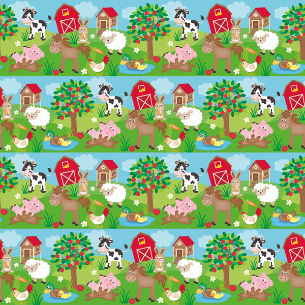 Pattern of farm scenes featuring a red barn, cow, pig, horse, duck, chicken, and a tree with apples on a green field under a blue sky with clouds.
