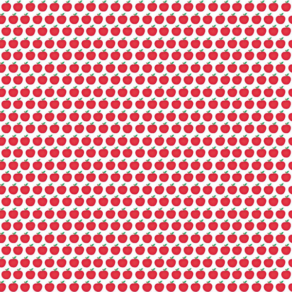 red apples, white background, fruit pattern, repeating design, bright red, green stems, apple orchard, fresh produce, geometric arrangement,, fabric panel, cheerful pattern, kitchen theme, harvest motif, uniform spacing, clean design, vibrant colors, food illustration, simple shapes, crafting material