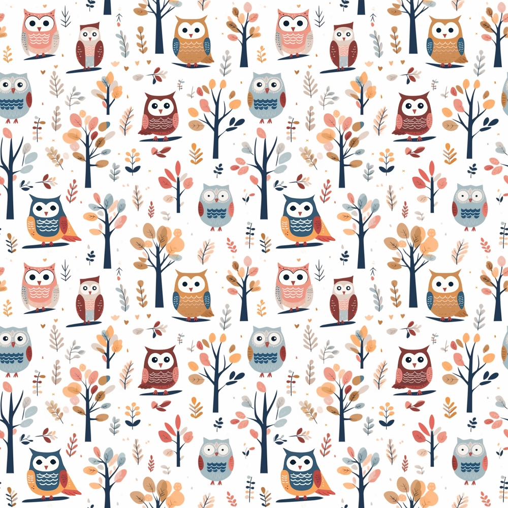 owls, autumn colors, cartoon style, woodland theme, coral pink, navy blue, orange, brown, gray, trees, branches, leaves, fall foliage,, fabric panel, whimsical, cute animals, forest scene, repeating pattern, children's design