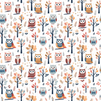 owls, autumn colors, cartoon style, woodland theme, coral pink, navy blue, orange, brown, gray, trees, branches, leaves, fall foliage,, fabric panel, whimsical, cute animals, forest scene, repeating pattern, children's design