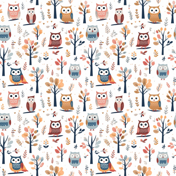 owls, autumn colors, cartoon style, woodland theme, coral pink, navy blue, orange, brown, gray, trees, branches, leaves, fall foliage,, fabric panel, whimsical, cute animals, forest scene, repeating pattern, children's design