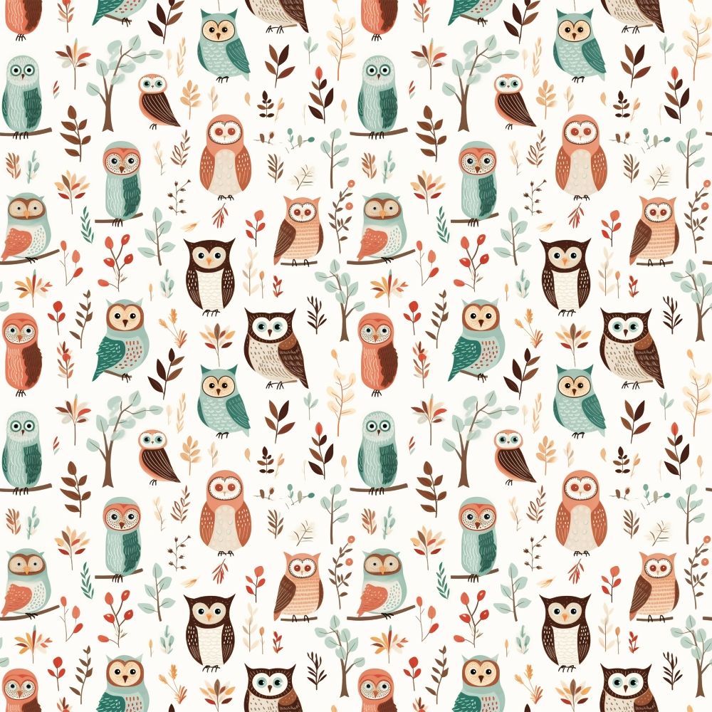 cartoon owls,, fabric panel, whimsical pattern, forest birds, teal green, rust orange, brown, cream, botanical elements, woodland creatures, cute animals, repeating design, children's fabric, nature theme, autumn colors, stylized illustration, craft fabric, sewing material, nursery fabric